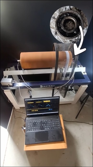 A failed roller from a WA mine site on the test rig, with an inset of a corroded and contaminated bearing