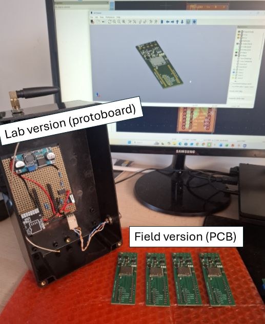 The hand-built lab master controller on protoboard beside four field master controller circuit boards