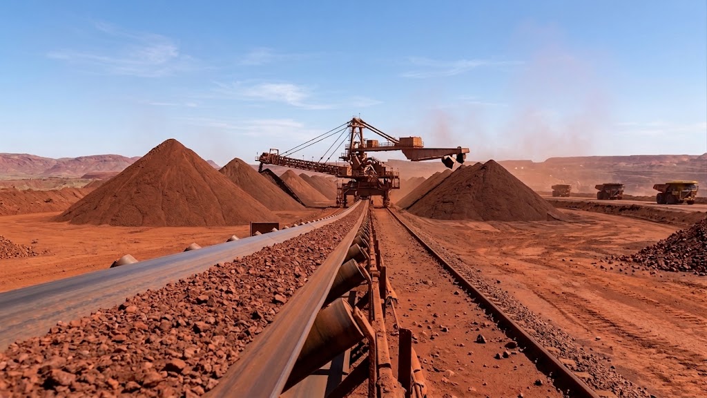 Iron ore conveyor with stacker and stockpiles in the Pilbara